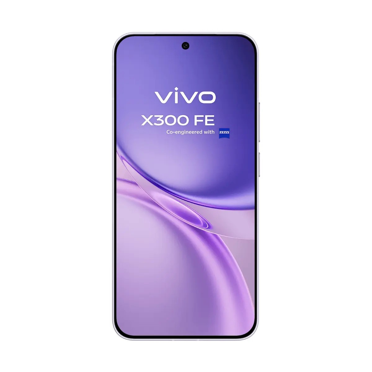 Uno smartphone con uno sfondo viola che mostra il testo Vivo X300 FE Co-engineered with ZEISS.