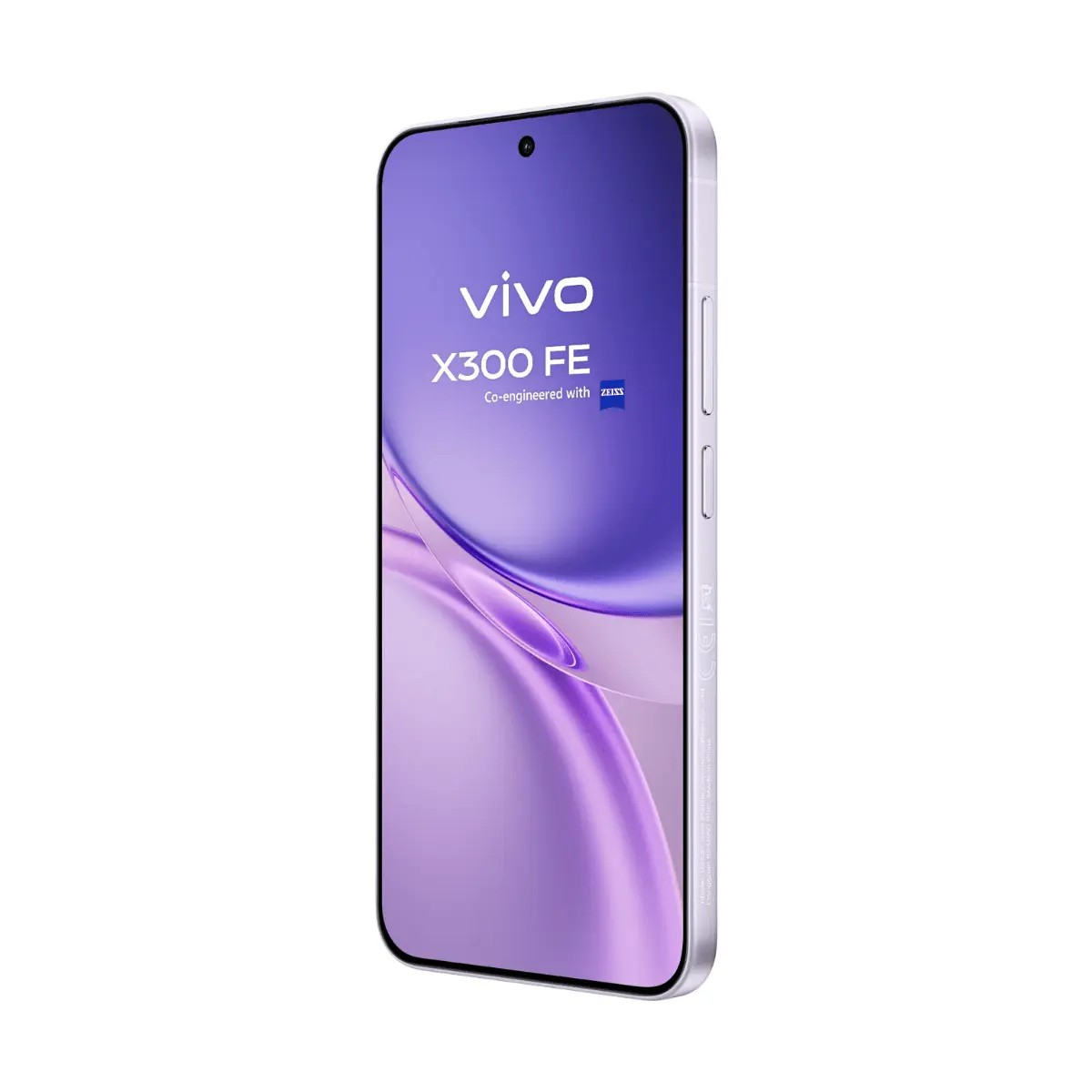 Uno smartphone bianco Vivo X300 FE con sfondo viola e la scritta vivo X300 FE.