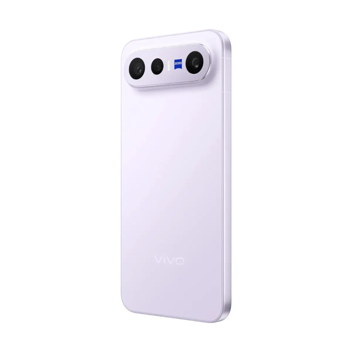 Uno smartphone Vivo viola chiaro che mostra il modulo della fotocamera posteriore con marchio Zeiss su sfondo bianco.