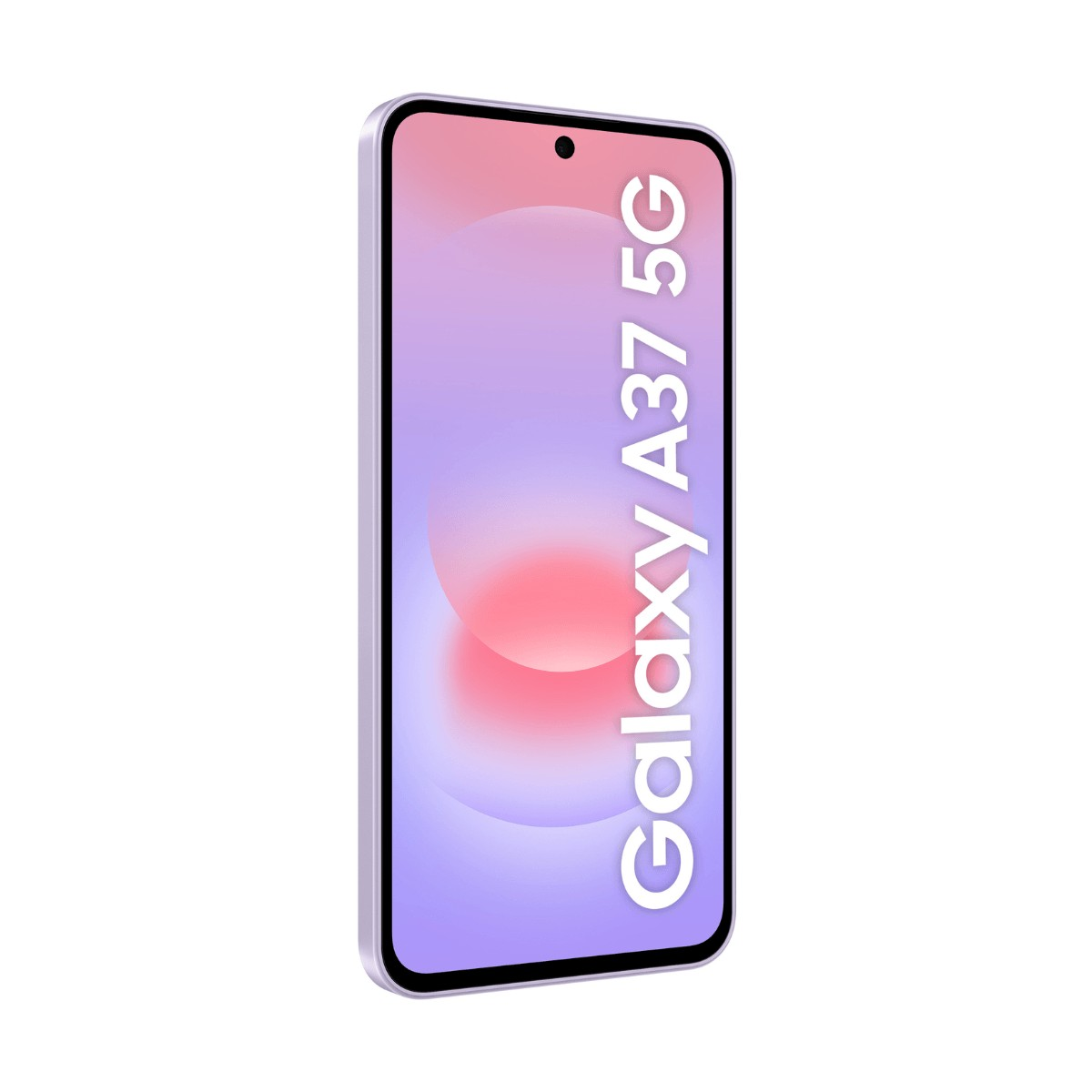 Ein lilafarbenes Smartphone mit rosa-blauem Hintergrund und dem Text Galaxy A37 5G.