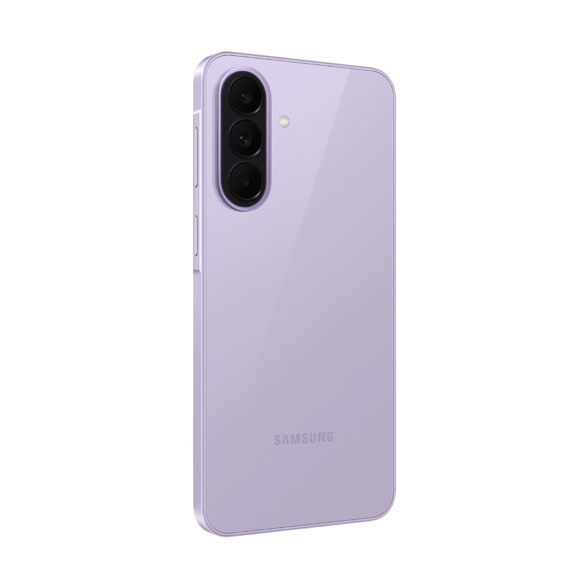 Parte trasera de un smartphone Samsung morado con una cámara triple vertical y el logotipo de Samsung.