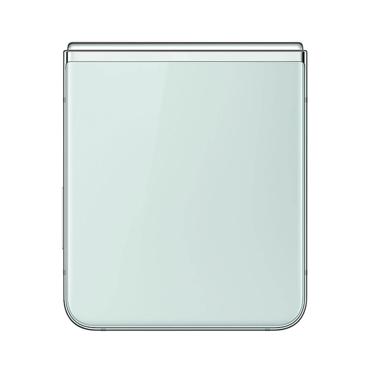 Uno smartphone pieghevole verde chiaro chiuso con cornice argentata su sfondo bianco.
