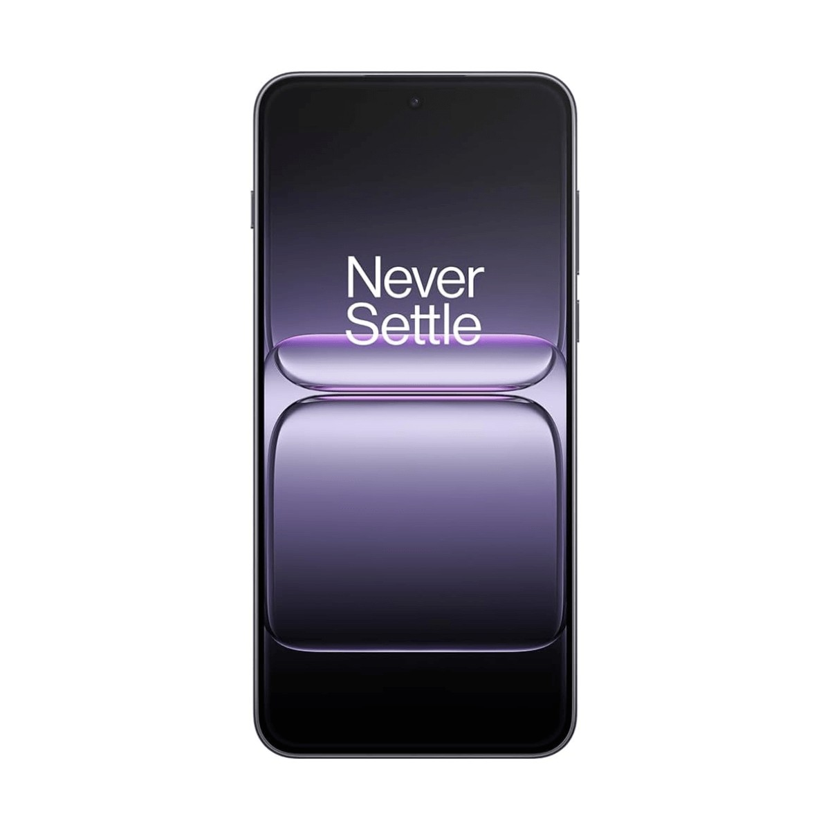 Uno smartphone scuro con la scritta Never Settle sullo schermo su sfondo viola.