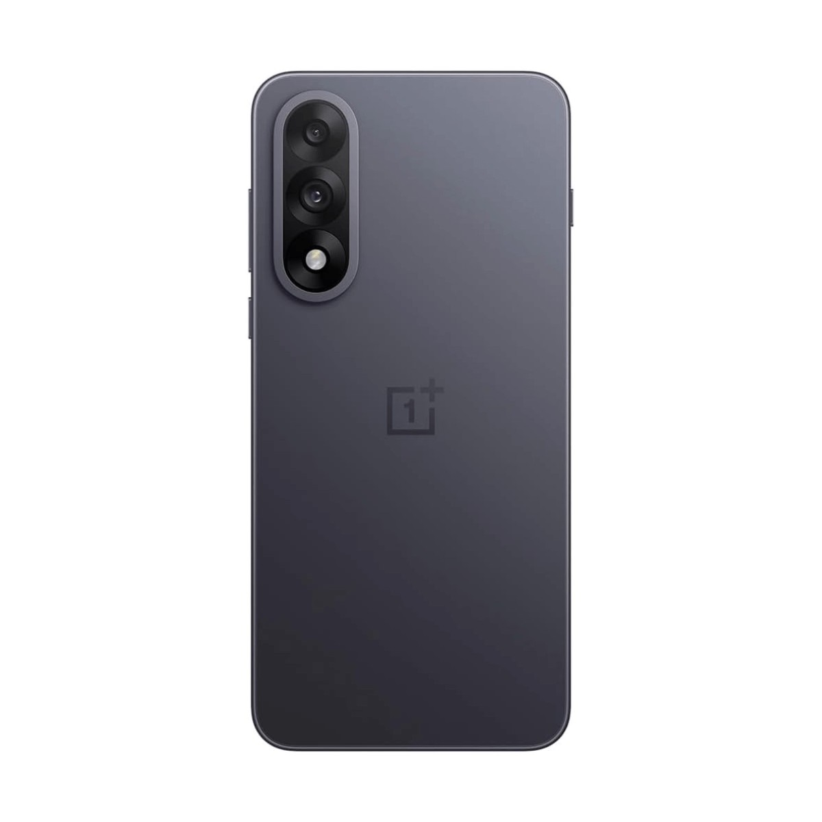 Retro di uno smartphone grigio con modulo a tripla fotocamera verticale e logo OnePlus.