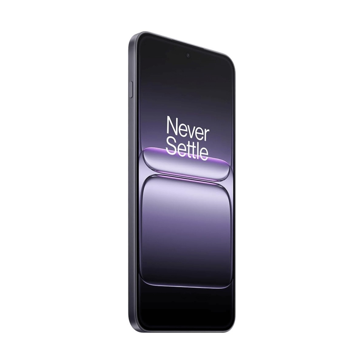 Uno smartphone mostra il testo Never Settle e una grafica viola sullo schermo.