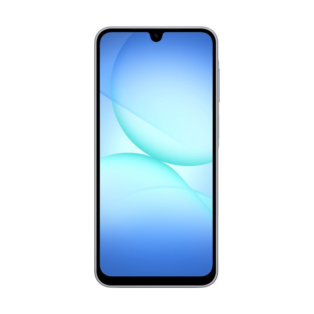 Ein Smartphone mit hellem, blau-türkisem Hintergrund und Wassertropfen-Kameraaussparung.