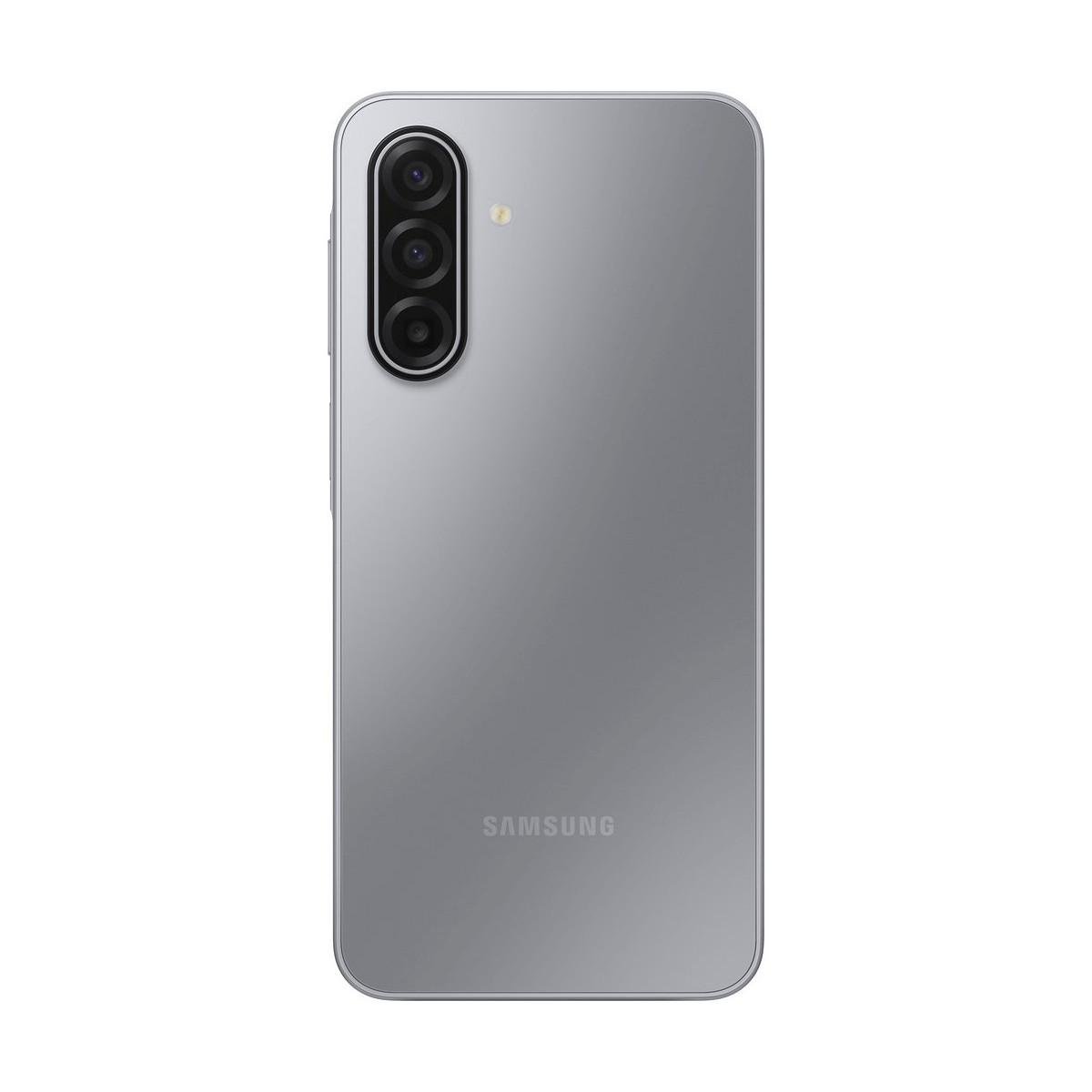 Rückseite eines silbernen Samsung-Smartphones mit vertikalem Dreifach-Kameramodul und Blitz auf weißem Hintergrund.