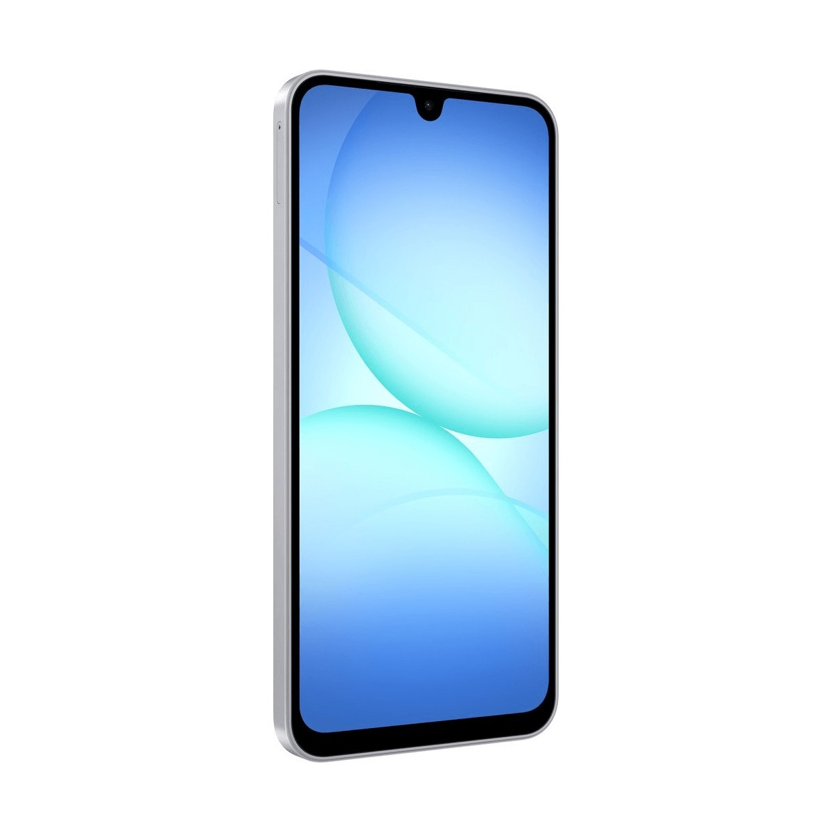 Ein silbernes Smartphone mit Wassertropfen-Notch zeigt ein hellblaues, abstraktes Hintergrundbild.