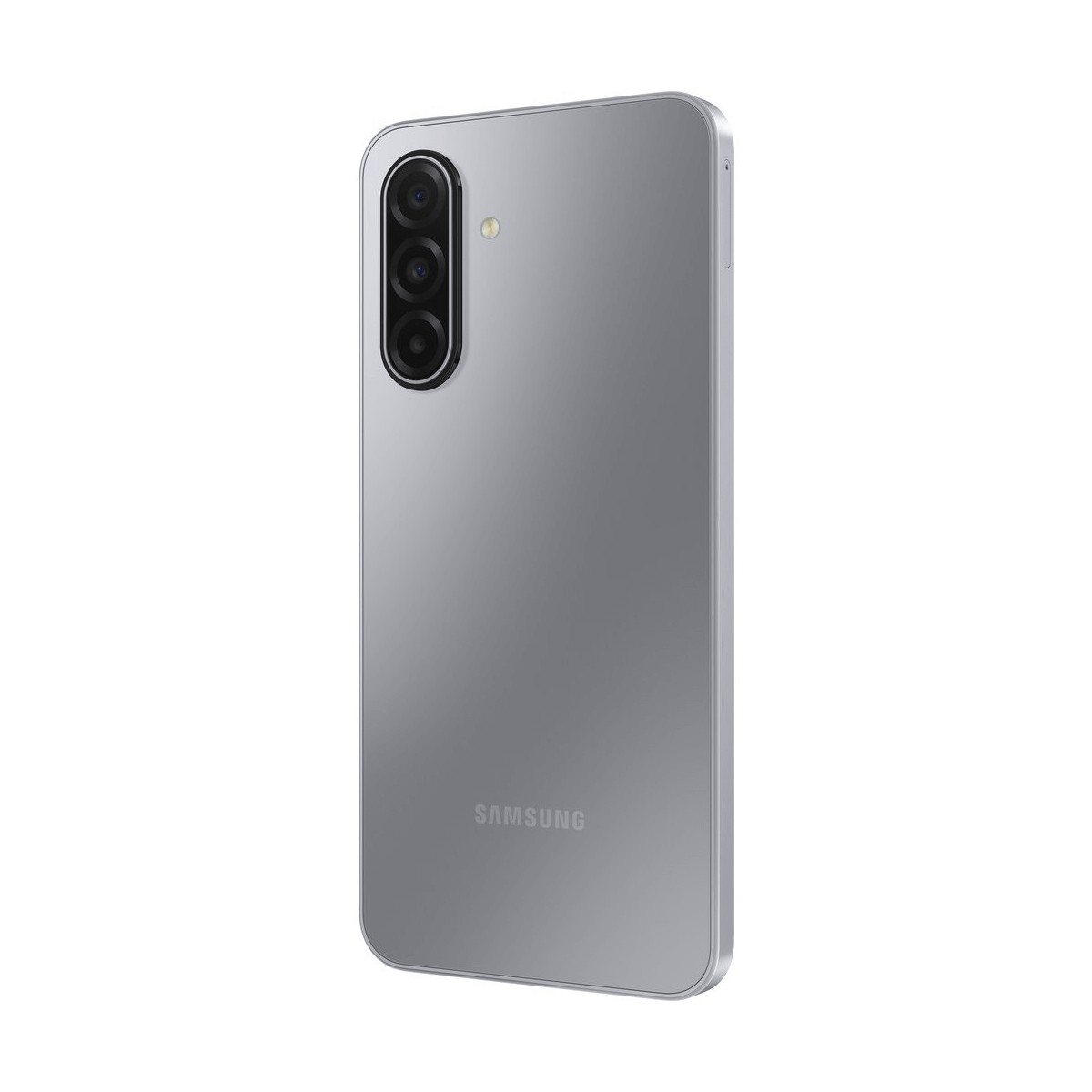 Rückseite eines silbernen Samsung-Smartphones mit vertikaler Dreifachkamera und dem Samsung-Logo.