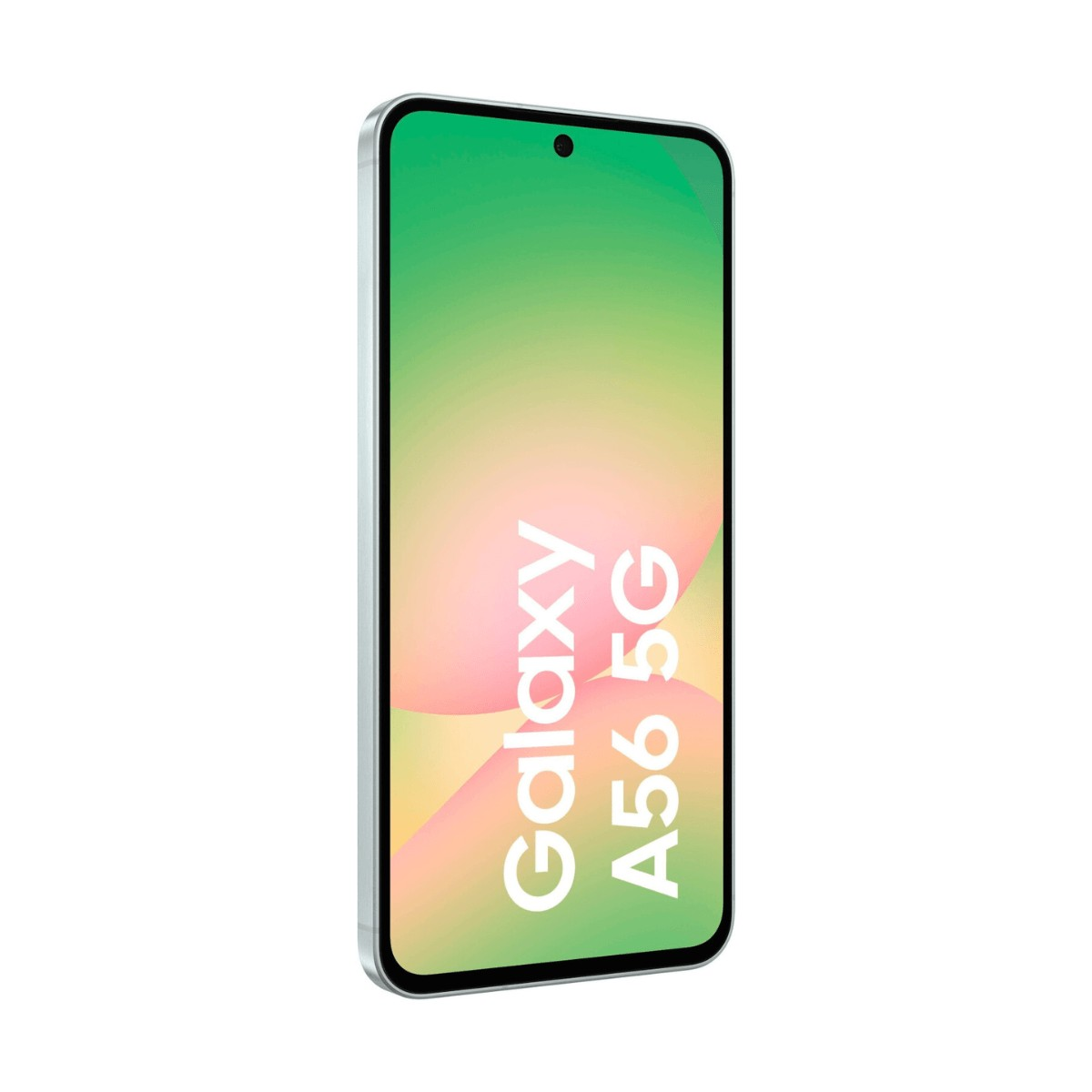 Smartphone con la scritta Galaxy A56 5G sullo schermo colorato.