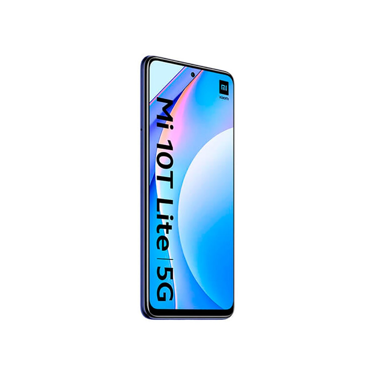 Uno smartphone Xiaomi Mi 10T Lite 5G su sfondo bianco mostra lo schermo con grafica astratta colorata e testo.