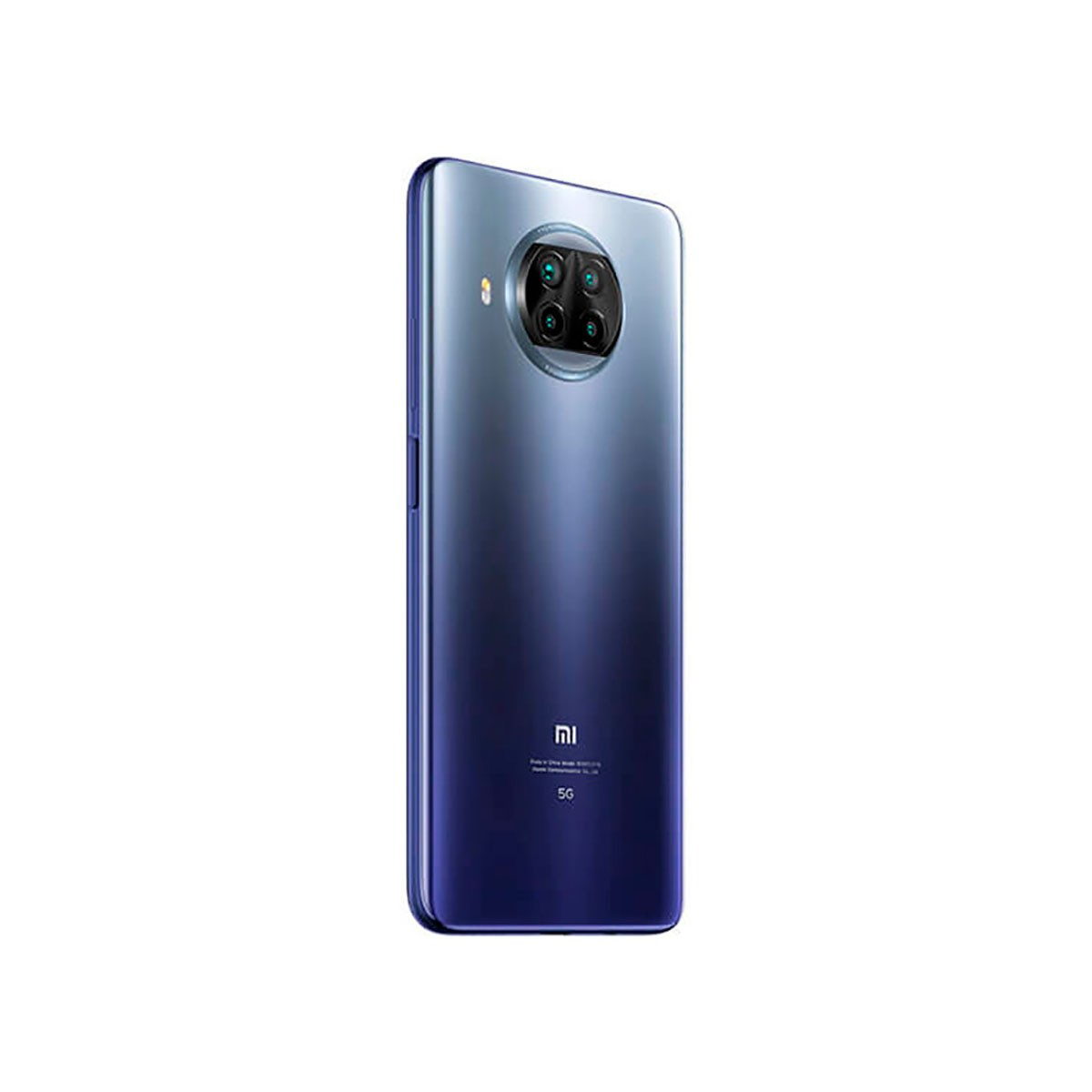 Il retro di uno smartphone blu con un modulo fotocamera circolare e logo MI su sfondo bianco.
