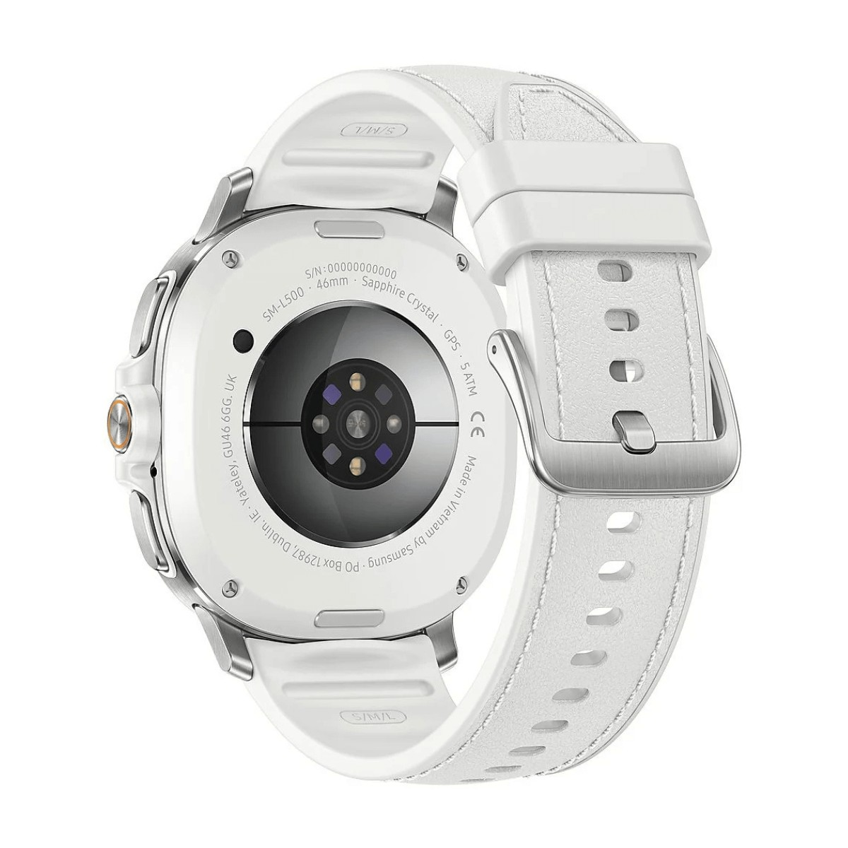 Retro di uno smartwatch bianco con sensori e cinturino bianco su sfondo bianco.