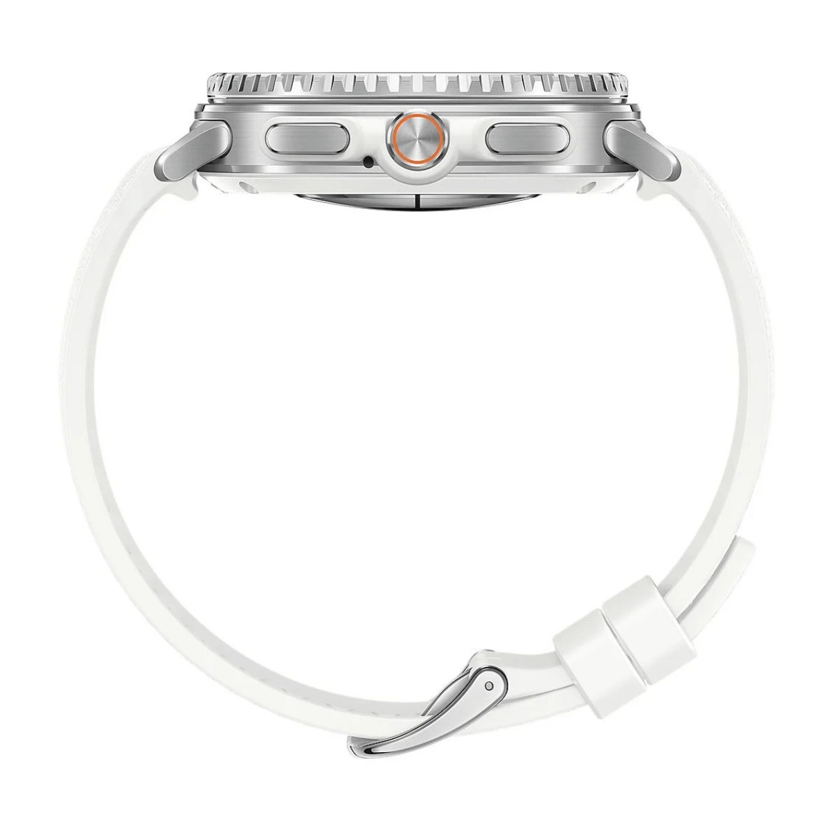 Vista laterale di uno smartwatch argento con cinturino in silicone bianco su sfondo bianco.