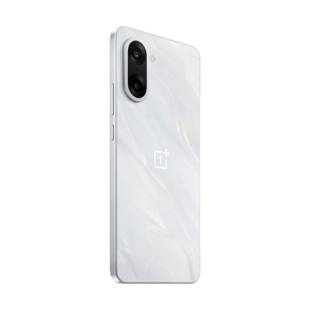 Smartphone blanc avec cadre argenté et double caméra verticale à l'arrière.