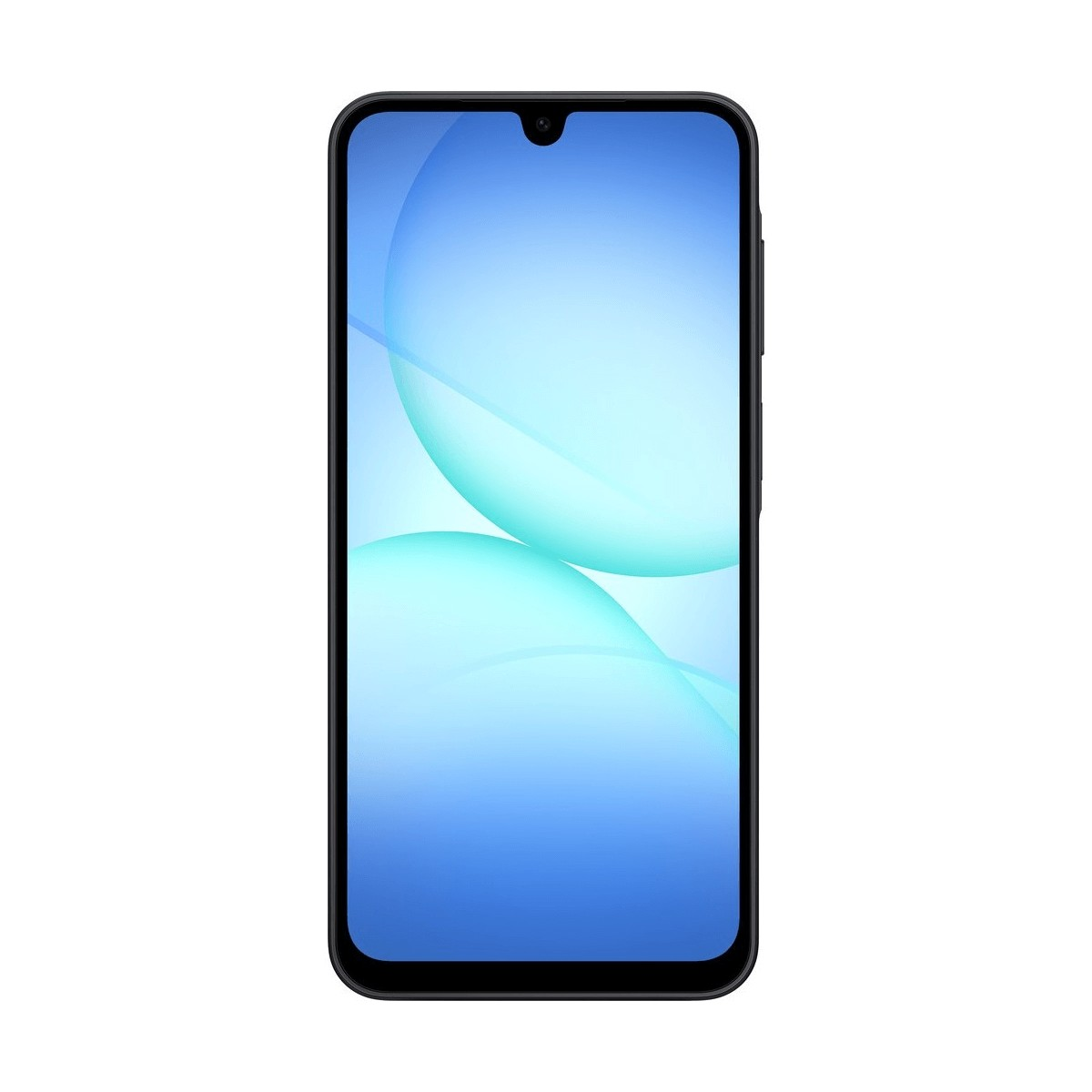 Uno smartphone nero con uno sfondo astratto blu e un notch a goccia.