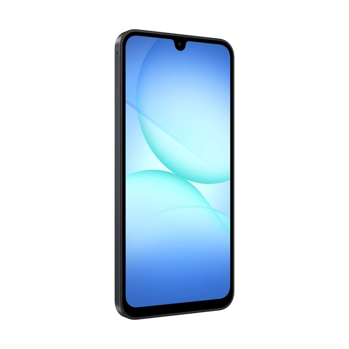 Uno smartphone nero con uno sfondo astratto blu vibrante e una piccola tacca a goccia sullo schermo.