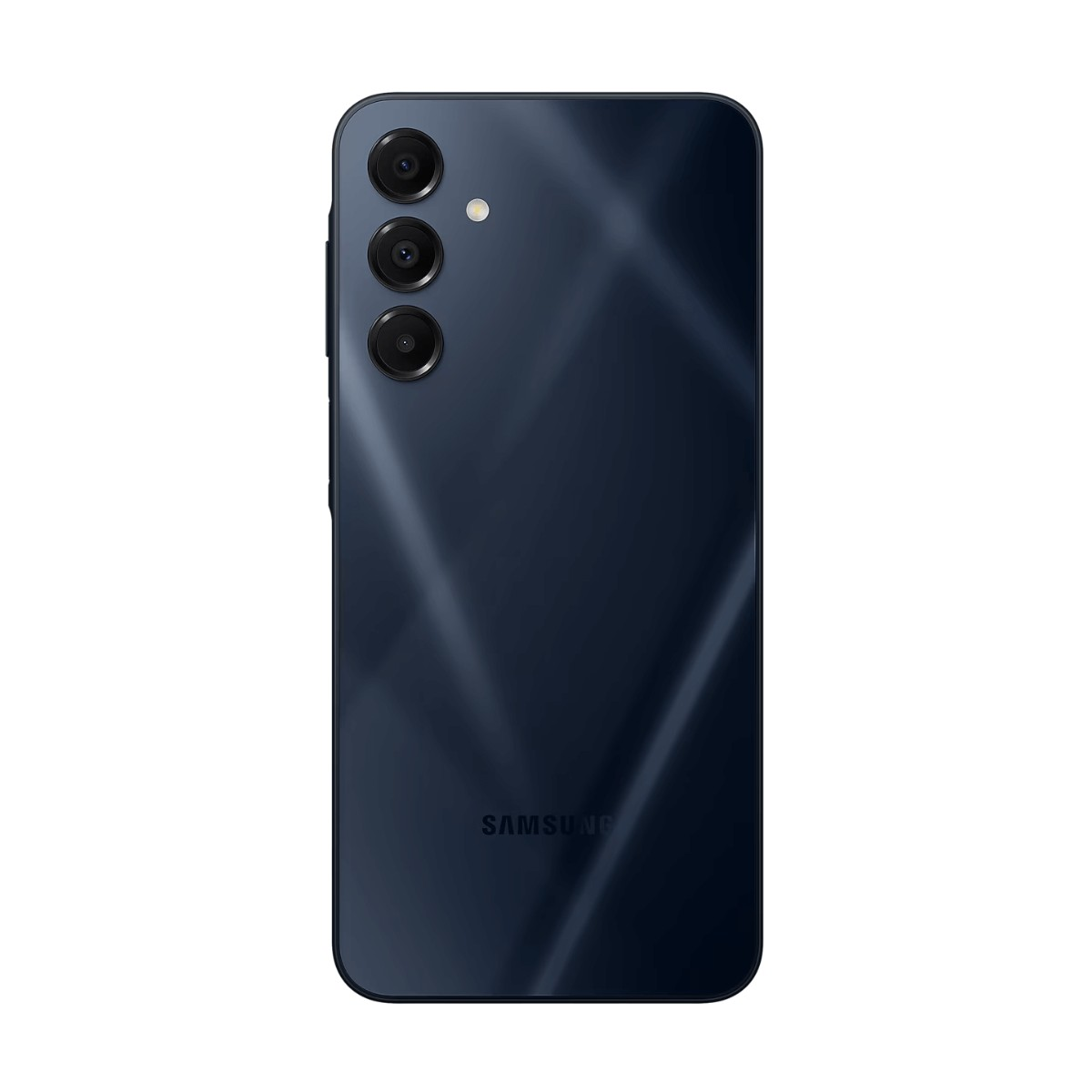 Retro di uno smartphone Samsung blu scuro con tre fotocamere verticali e un flash LED.