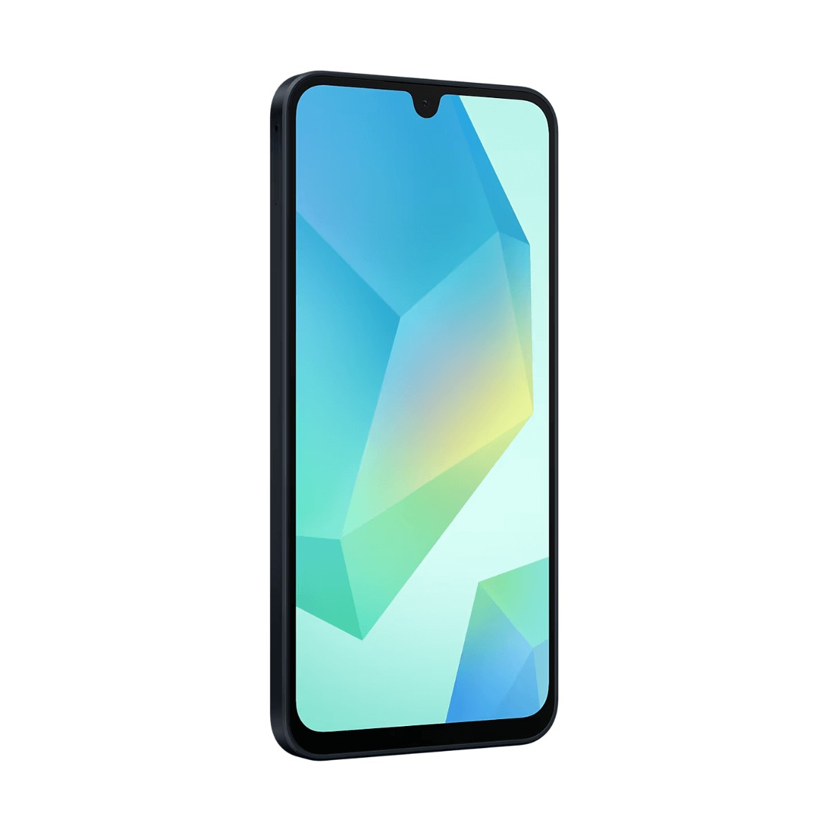 Uno smartphone nero con un vivace sfondo geometrico blu, verde e giallo sullo schermo.