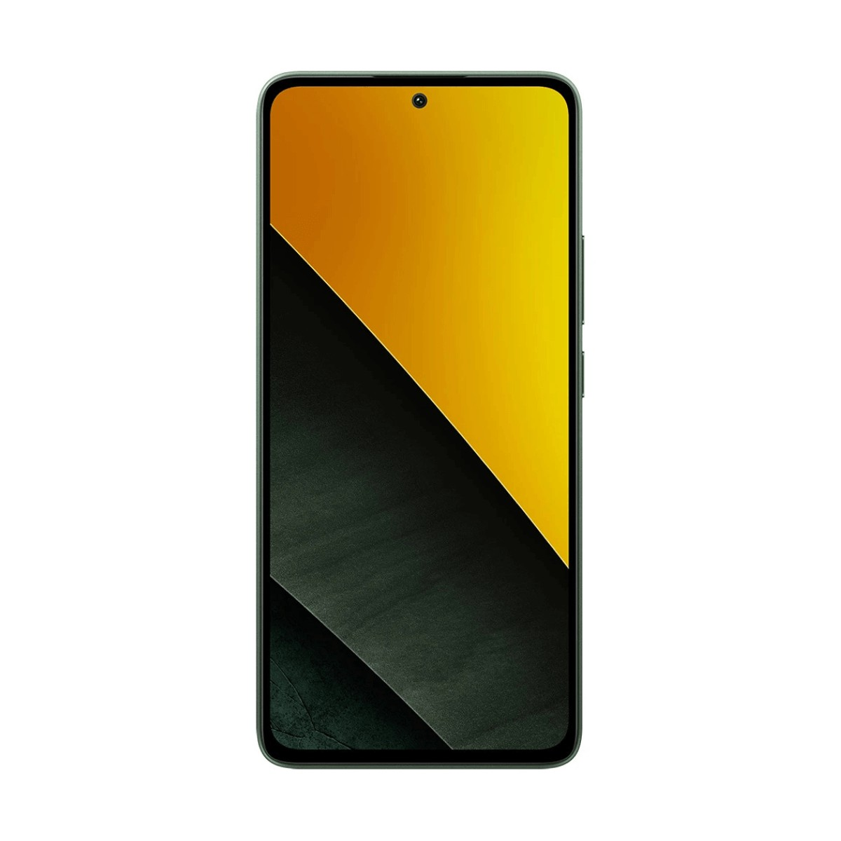 Uno smartphone verde con cornice nera mostra uno schermo con una grafica astratta gialla e grigio scuro.
