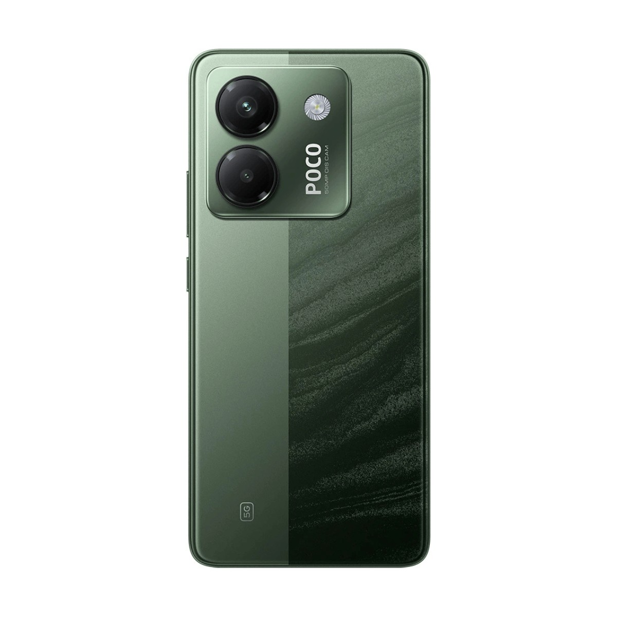 Retro di uno smartphone POCO verde con doppia fotocamera e motivo marmorizzato.