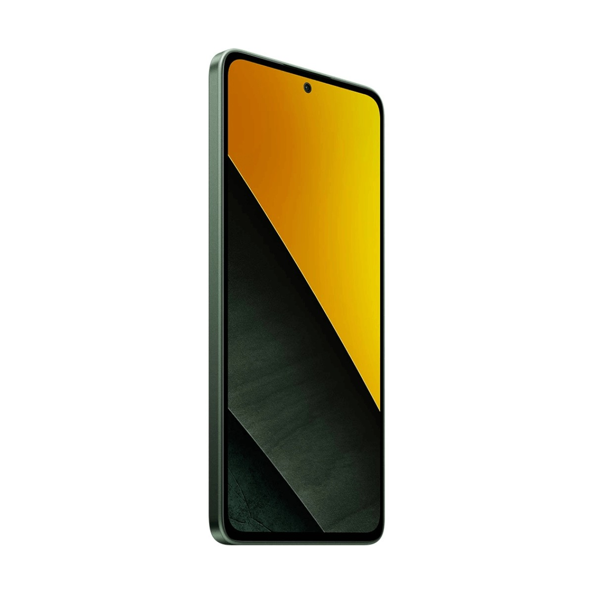 Smartphone verde inclinato con display astratto giallo e nero.