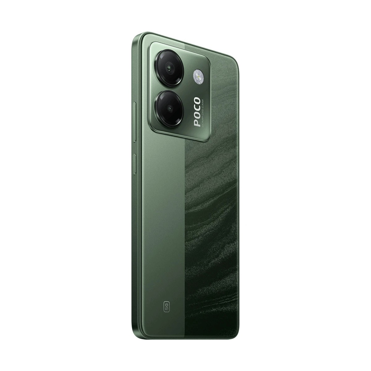Smartphone verde POCO con doppia fotocamera e motivo marmorizzato sul retro.