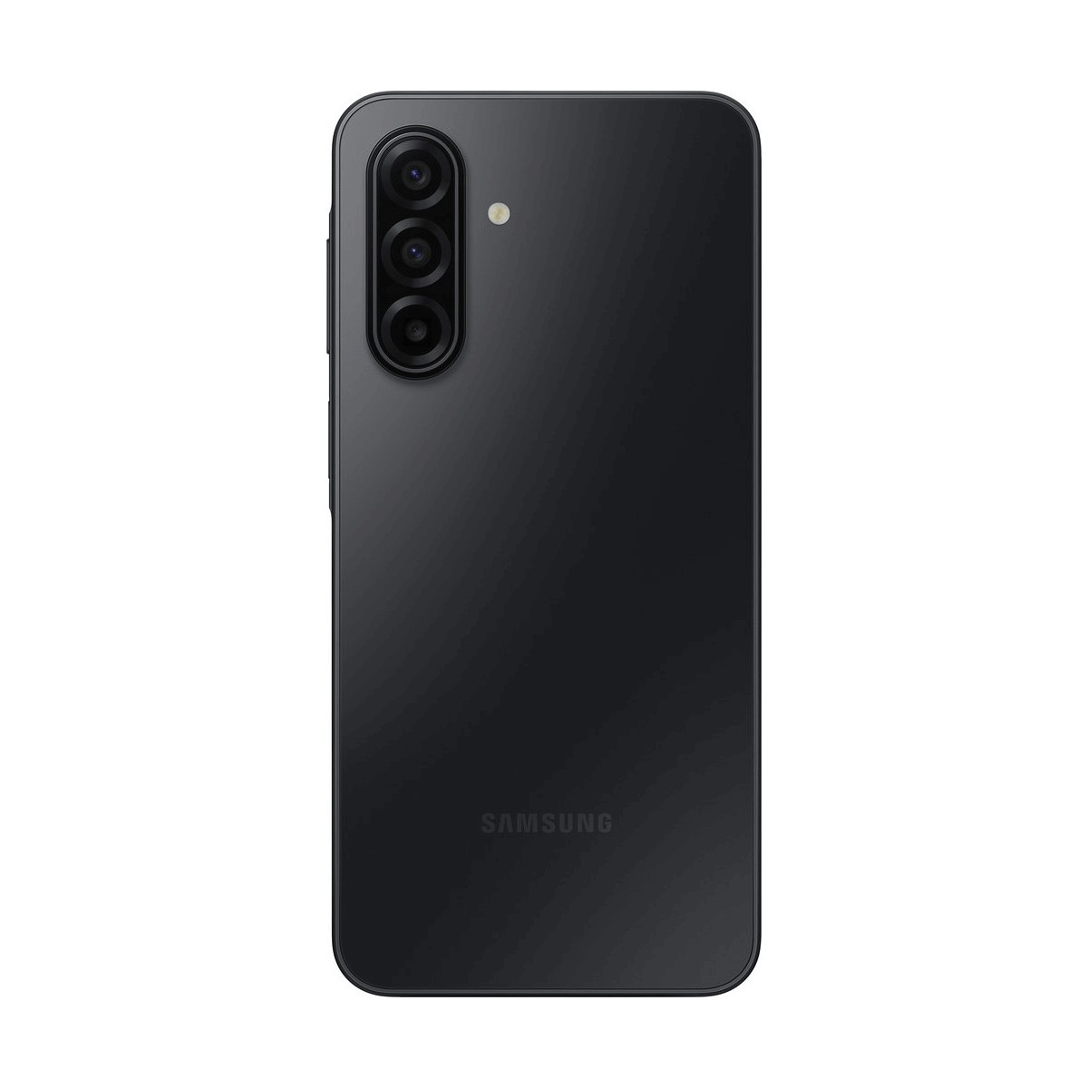 Retro di uno smartphone Samsung nero con tripla fotocamera verticale e logo Samsung.