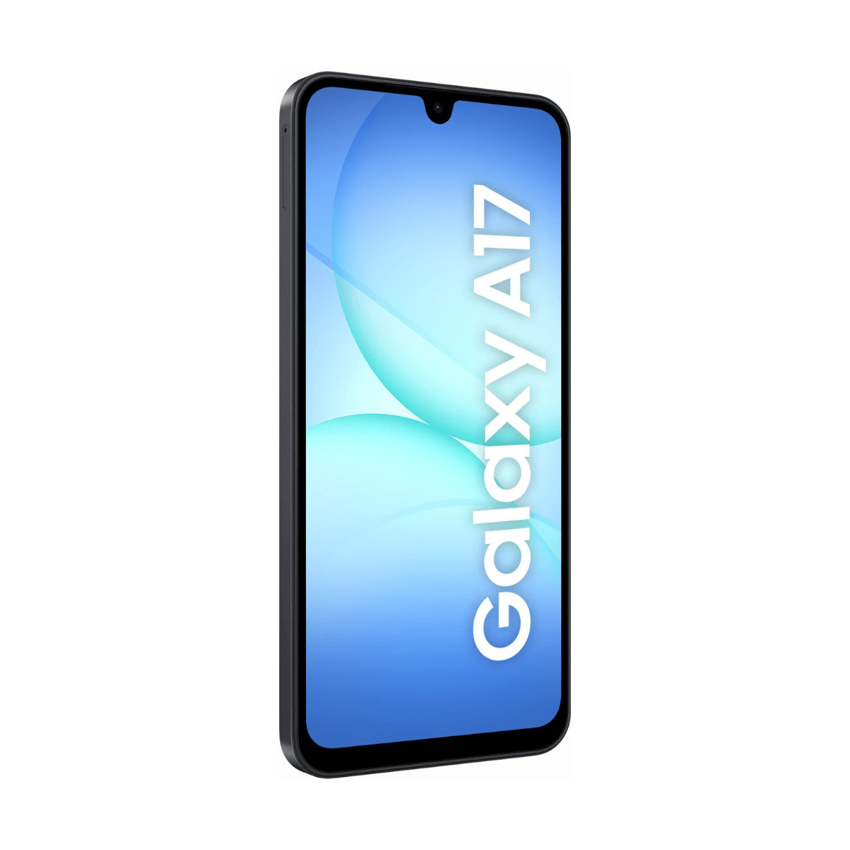 Uno smartphone nero Samsung Galaxy A17 mostra uno schermo azzurro con il testo Galaxy A17.