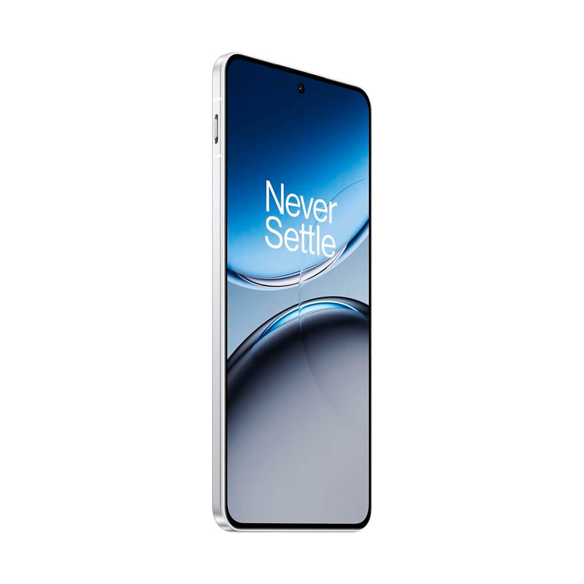 Uno smartphone bianco in prospettiva con sfondo blu e la scritta Never Settle sullo schermo.