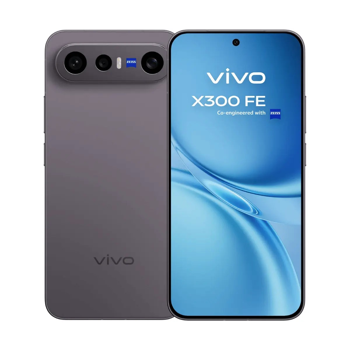 Vista anteriore e posteriore dello smartphone grigio Vivo X300 FE con fotocamera Zeiss e display blu.