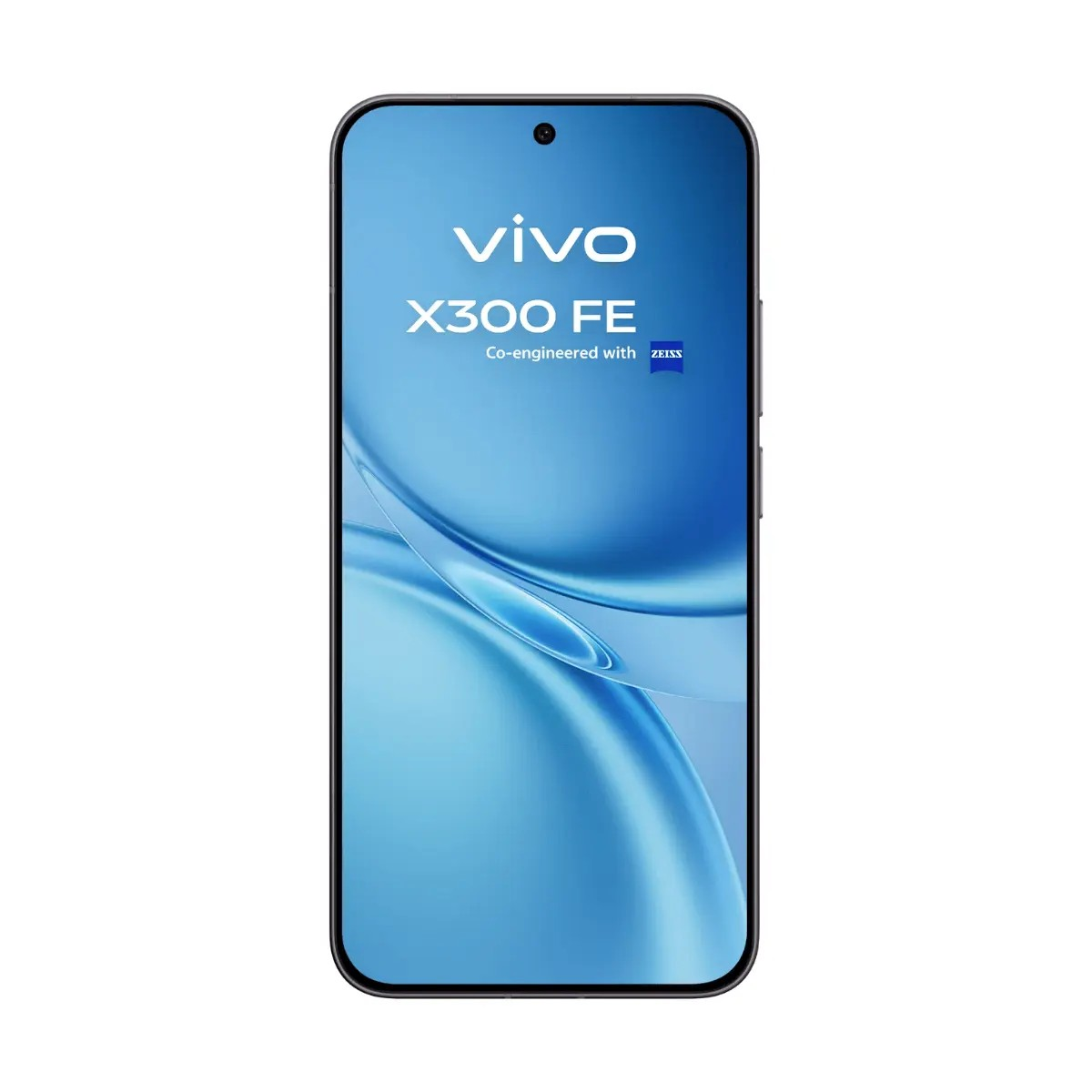 Vista frontale di uno smartphone Vivo X300 FE con sfondo blu e logo Zeiss sullo schermo.