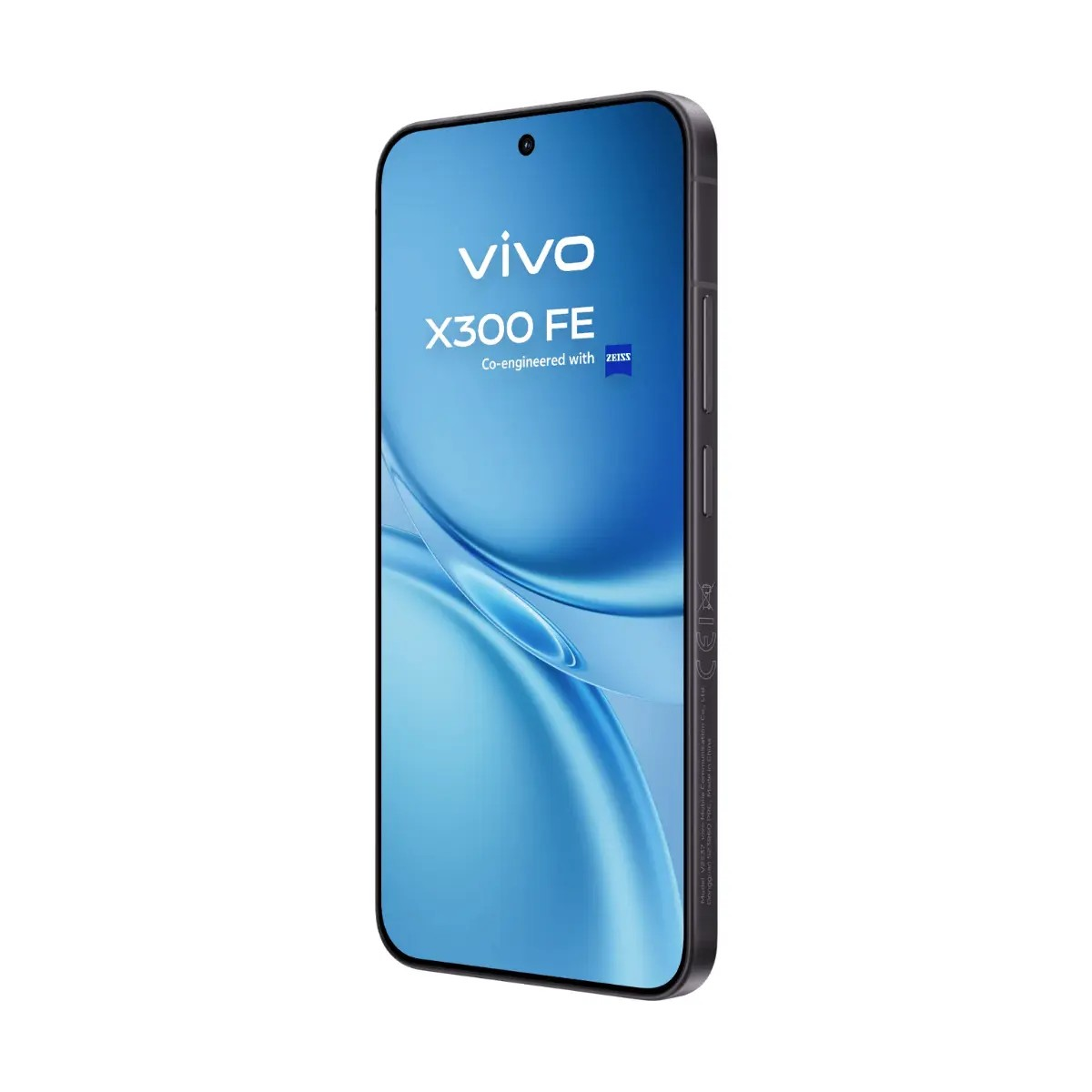Uno smartphone che mostra vivo X300 FE e il logo Zeiss sullo schermo blu.