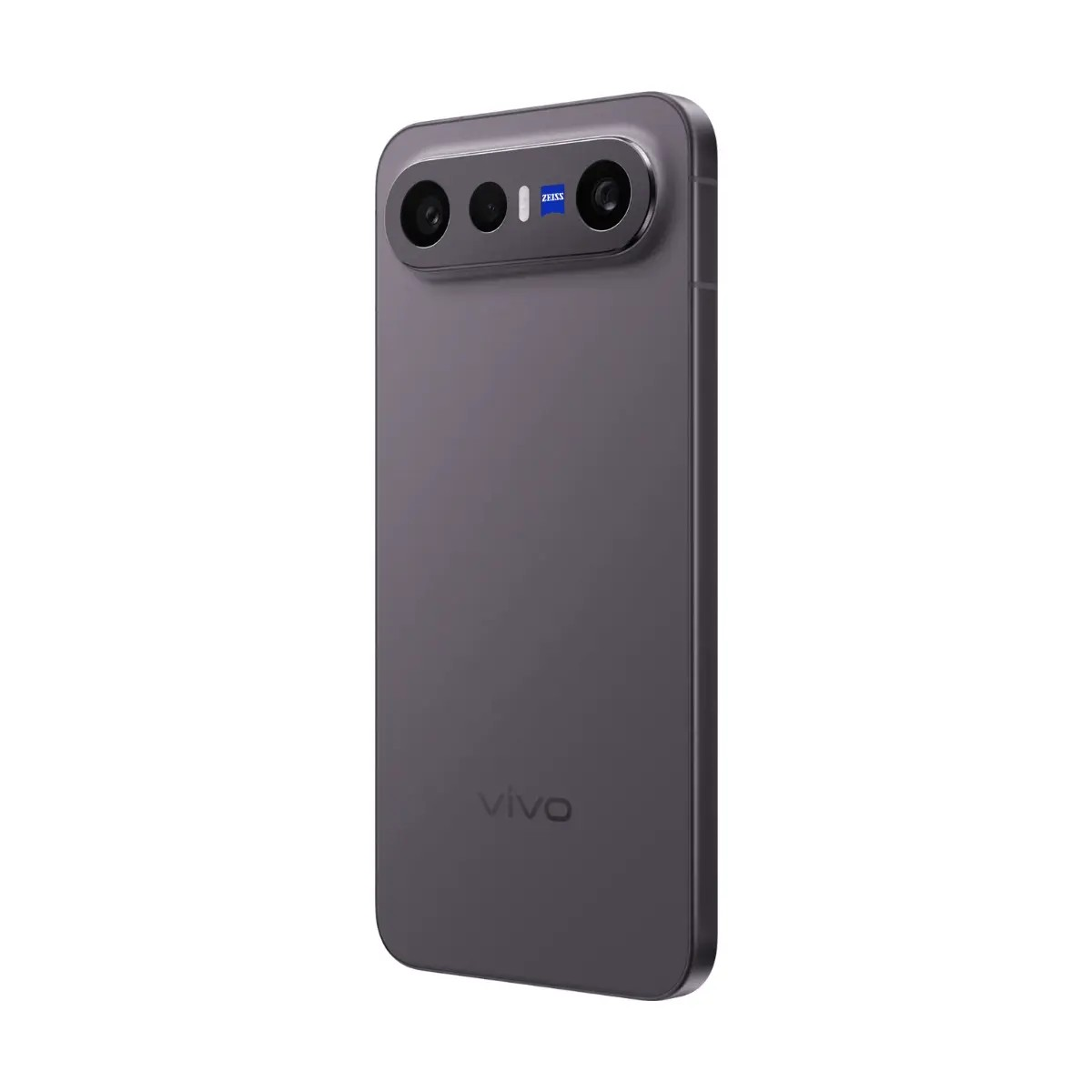 Retro di uno smartphone vivo grigio con modulo fotocamera rettangolare e logo Zeiss.
