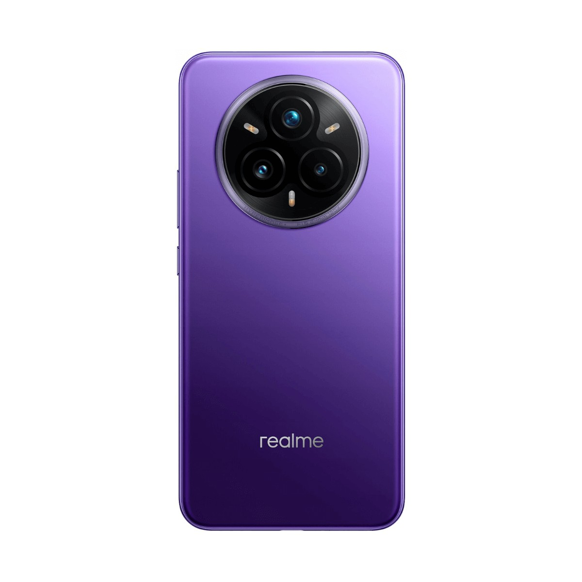 Tył fioletowego smartfona z dużym okrągłym modułem aparatu z trzema obiektywami i logo realme.
