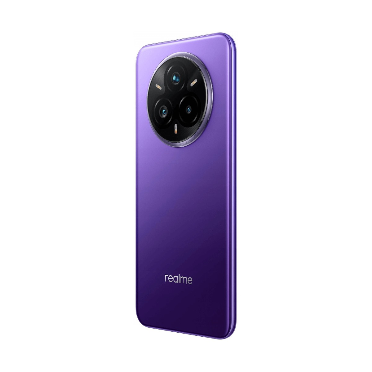 Fioletowy smartfon Realme, tył z dużym okrągłym modułem aparatu i srebrnym logo.