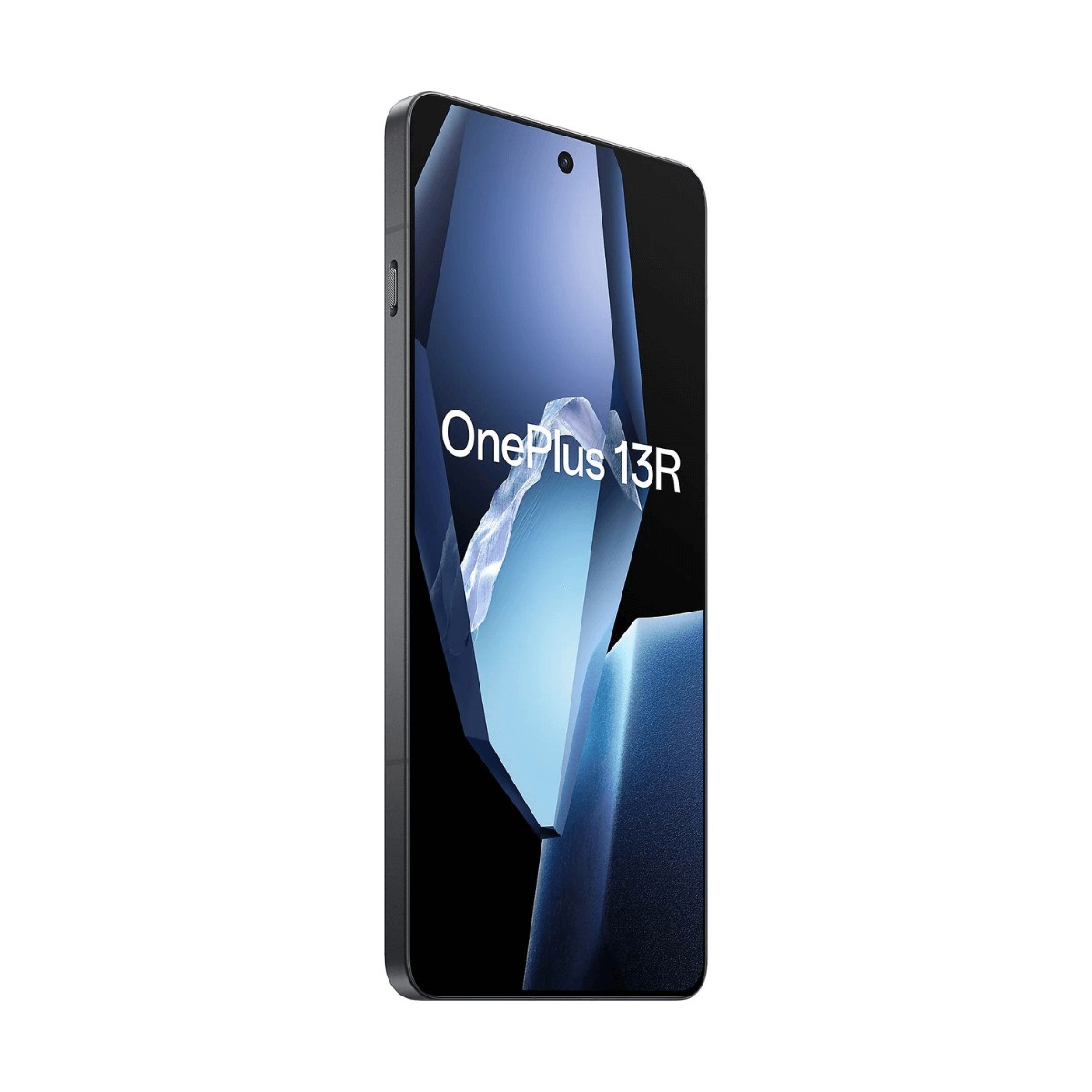 Un teléfono inteligente OnePlus 13R negro vertical sobre fondo blanco, la pantalla muestra un diseño geométrico azul.