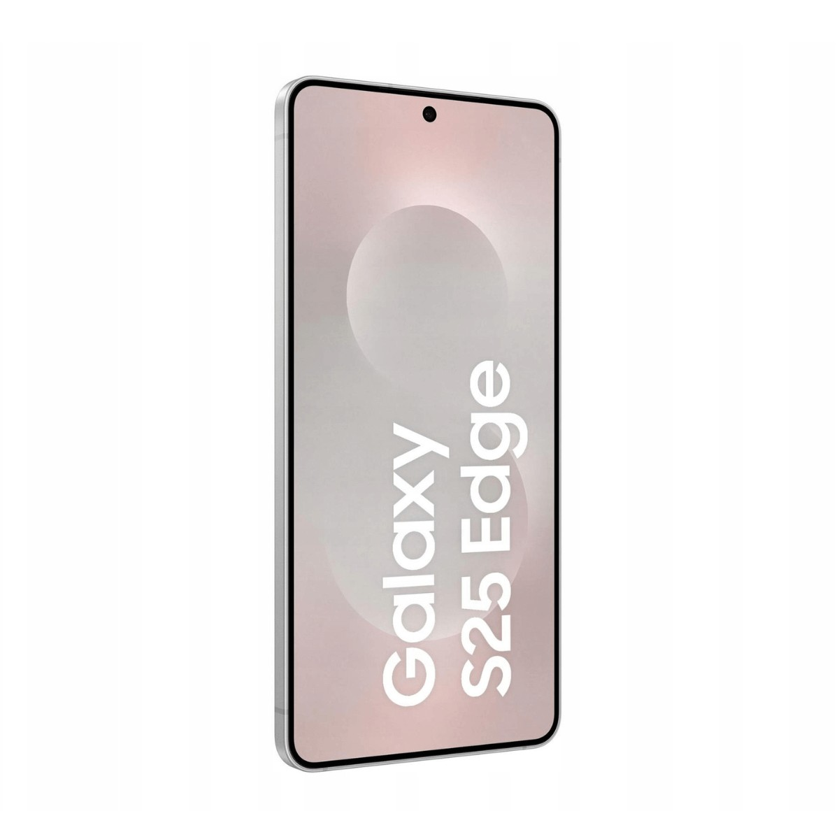 Uno smartphone argento con sfondo rosa che mostra il testo Galaxy S25 Edge.