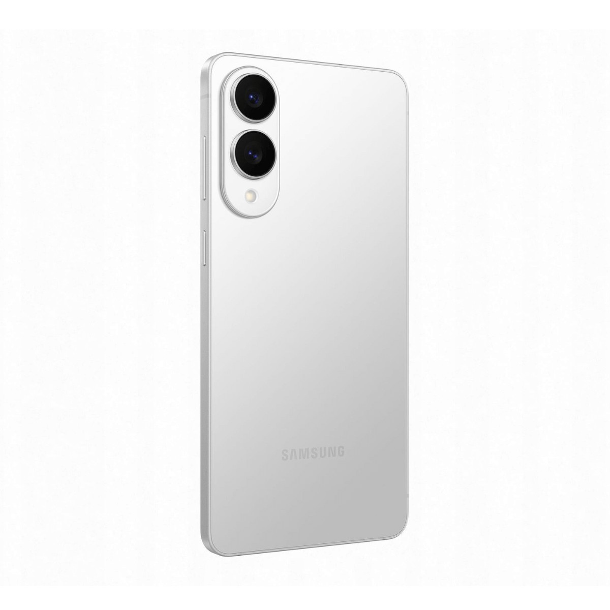 Vista posteriore di uno smartphone Samsung bianco con doppia fotocamera verticale su sfondo bianco.