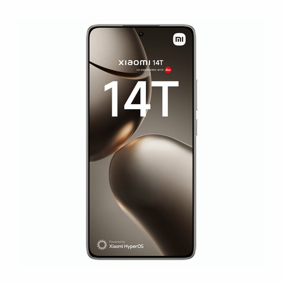 Frontansicht des grauen Xiaomi 14T Smartphones mit Text und fließenden Formen auf dem Bildschirm.