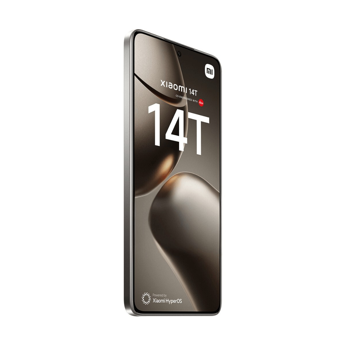 Ein Xiaomi 14T Smartphone mit dem Text 14T und dem Markenlogo auf dem Bildschirm vor weißem Hintergrund.