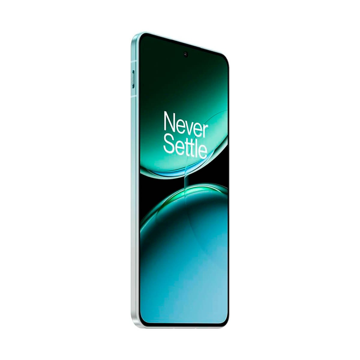 Un smartphone cyan affichant Never Settle sur son écran vibrant sur un fond blanc propre.