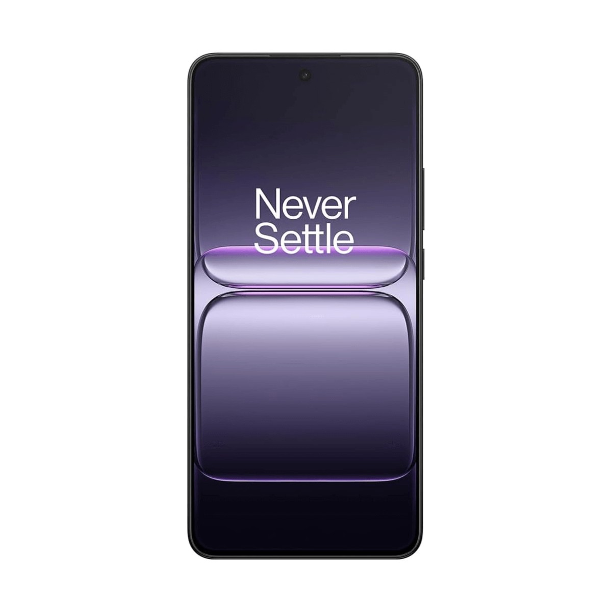 Ein schwarzes Smartphone zeigt den violetten Text Never Settle und einen leuchtenden violetten Hintergrund.
