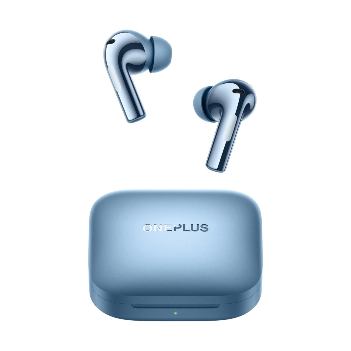 Auricolari wireless OnePlus blu con custodia di ricarica su sfondo bianco.
