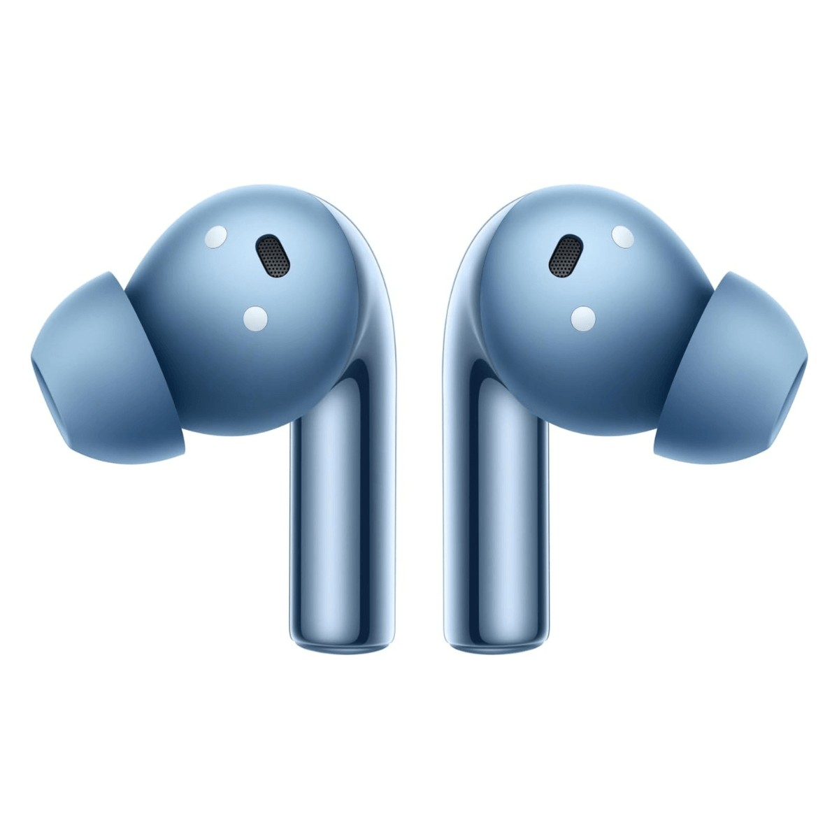 Un paio di auricolari wireless azzurri lucidi con punte in silicone su sfondo bianco.