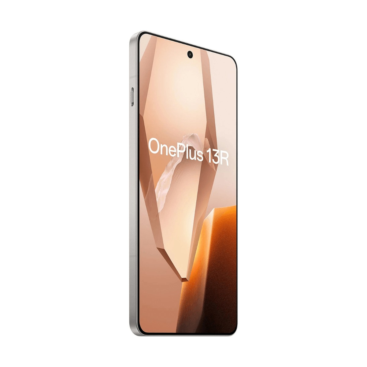 Un smartphone OnePlus 13R plateado se encuentra en posición vertical sobre un fondo blanco, mostrando una pantalla brillante.