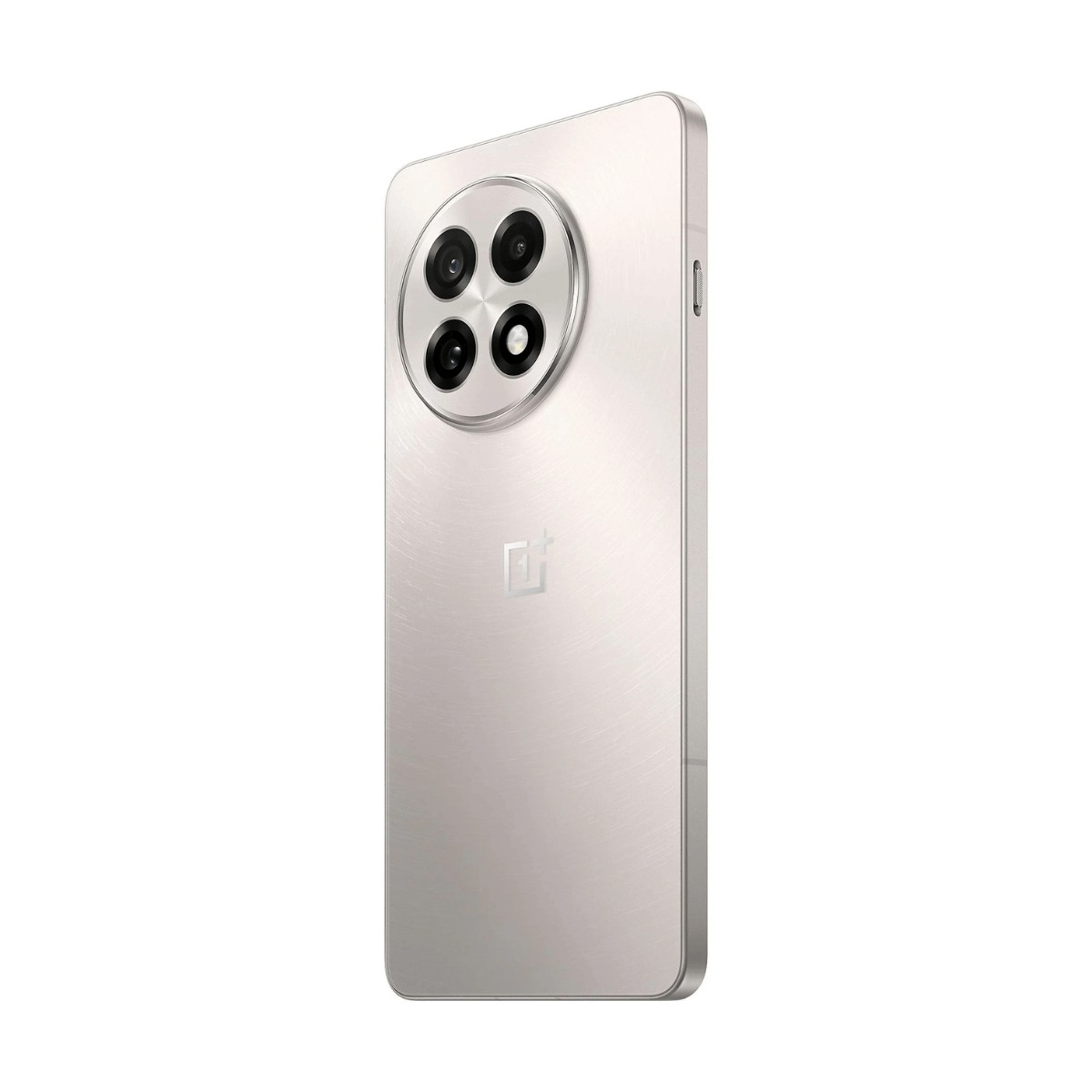 La parte trasera de un smartphone plateado con un módulo de cámara redondo con cuatro lentes y un logotipo.
