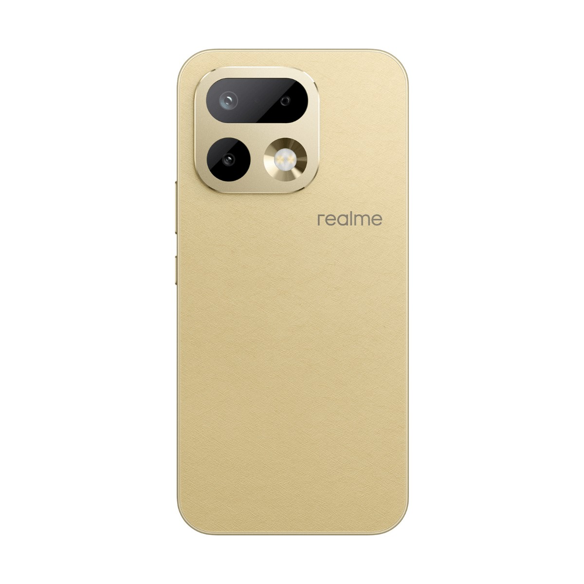 Rückseite eines goldenen Realme-Smartphones mit rechteckigem Kameramodul oben links und realme-Logo.