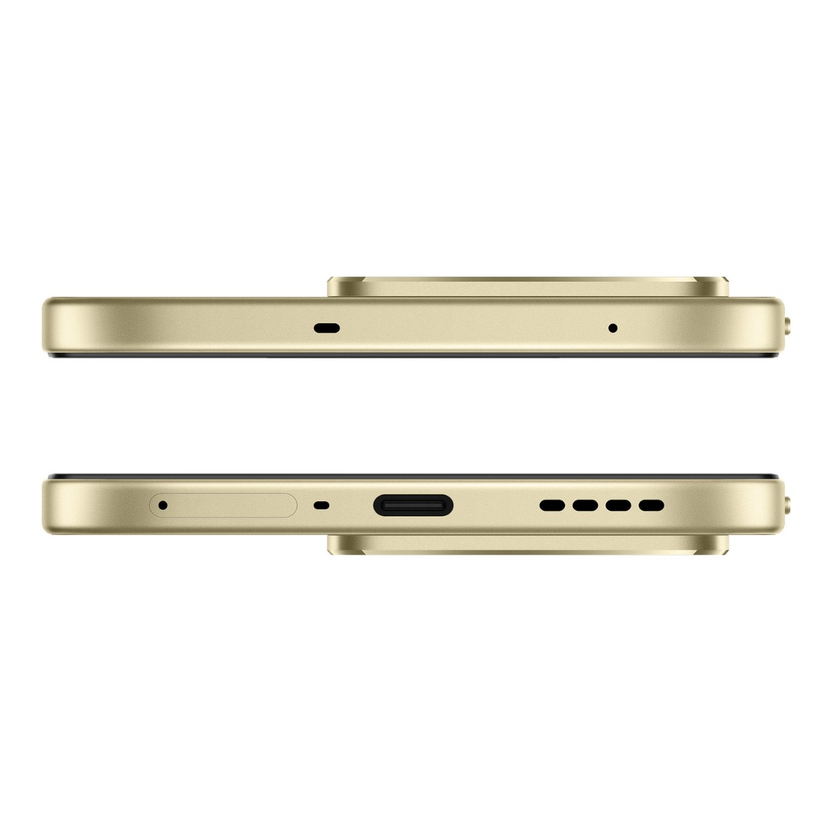 Ansicht der goldenen Smartphone-Ränder mit SIM-Fach, USB-C-Anschluss und Lautsprechern.