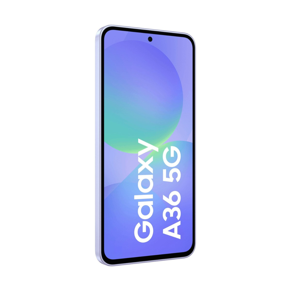 Un smartphone violet Galaxy A36 5G avec des graphismes abstraits colorés.